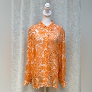 Sash Authentico Femminile paisley floral orange long sleeve sheer silk blouse